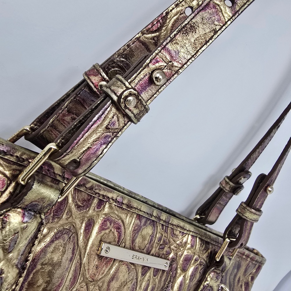 Brahmin Medium Asher Handbag Metallic Gold Purple Croc Tote Bag Purse READ - Picture 3 of 16